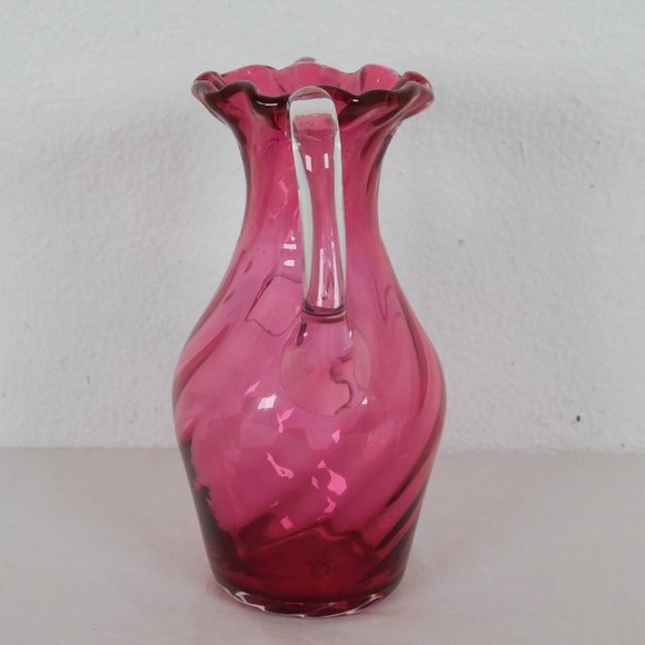 Handblown Clear Cranberry Swirled Glass Vase Ruffled Rim Double Handled 8.25" - Picture 4 of 8